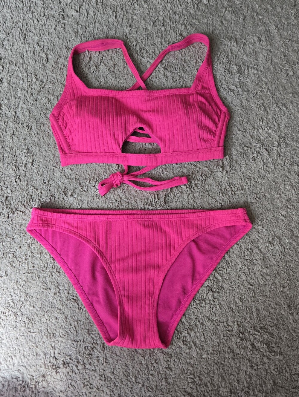 Xhilaration Hot Pink Ribbed Cutout Bikini Set
